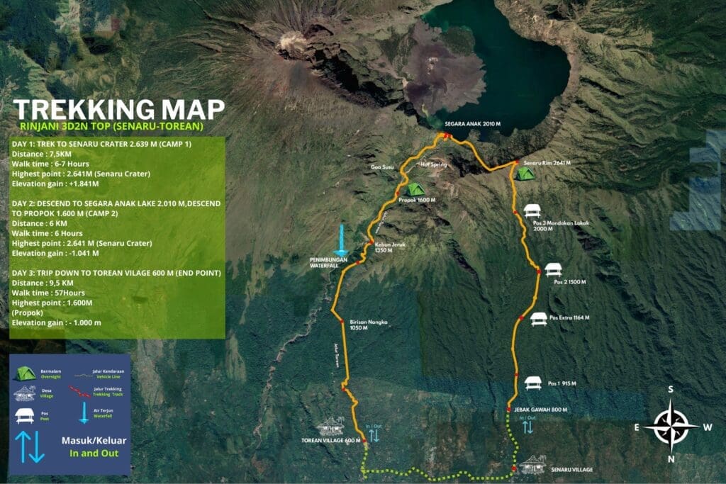 rinjani trekking 3d2n senaru torean map